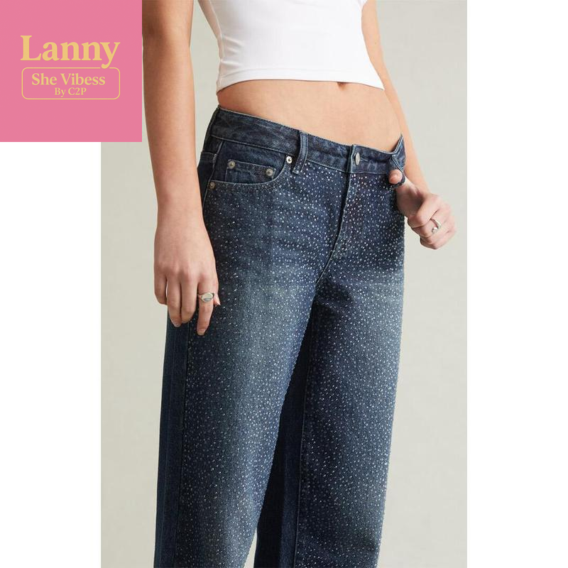 Pacsun Women'S Casey Low Rise Baggy Jeans Rhinestone Medium Blue